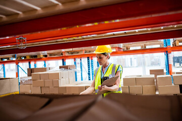 Metal shelving racks holding cardboard boxes and pallets inside warehouse with light filtering