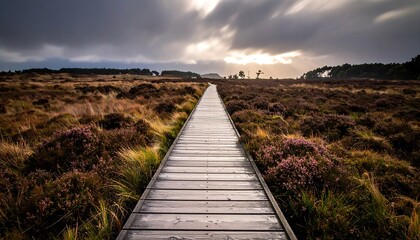 Wooden walkway through a heather moorland landscape under dramatic sky