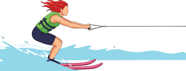 Flat vector illustration of a young woman with red hair water skiing on blue ocean waves, wearing a green life vest.