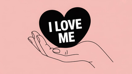 Self-love: hand holding black heart with 'i love me' text message 
