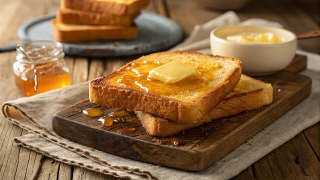 Golden toast slice with melted butter glistening on a wooden board