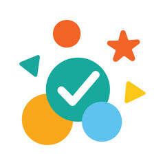 Abstract colorful shapes with a prominent checkmark for task completion isolated on white background, Vector, illustration