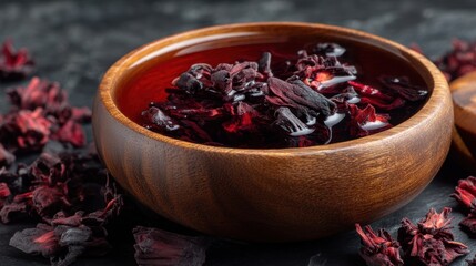 Bowl of dried flowers sits on a table. The bowl is wooden and filled with dried flowers