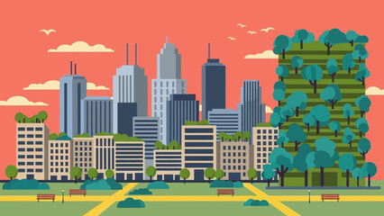 Vibrant Cityscape with Modern Skyscrapers and Lush Greenery.