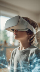 little boy child in VR virtual reality glasses looks, education and modern technologies, learning the future, AI technology, Caucasian race