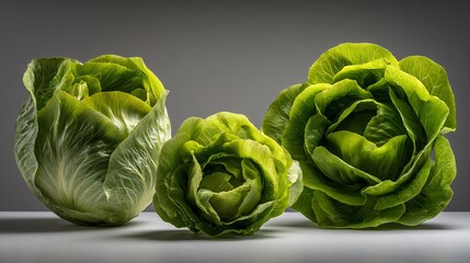 Fototapeta premium Lettuce arranged as minimalist still life, museum-style lighting, gray backdrop
