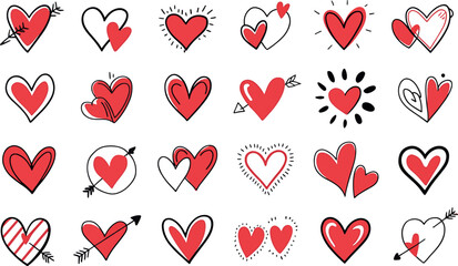 Hand Drawn Red Heart Doodle Set, Cute Love Icons for Valentine Design