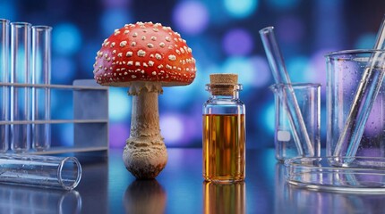 Vibrant mushroom and herbal essence in laboratory setting. Science meets nature in innovative exploration. Captivating image enhances themes of wellness and natural remedies.
