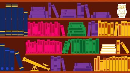 Colorful bookshelves with various books and decorative items. © Abhinaya Project