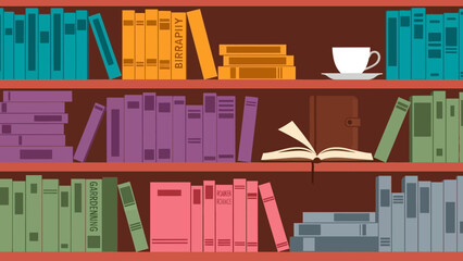 Colorful bookshelves with books and a cup of coffee. © Abhinaya Project