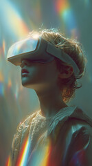little boy child in VR virtual reality glasses looks in futuristic neon room, education and modern technologies, learning the future, AI technology, Caucasian race