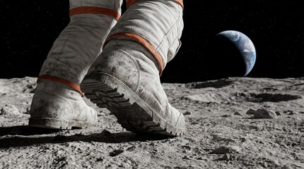 Astronaut's boots on moon surface. Captivating lunar landscape showcases Earth in background. Image embodies exploration spirit and human achievement in space travel.
