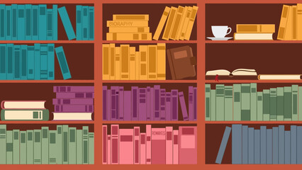 Colorful bookshelves filled with various books and a cup of coffee. © Abhinaya Project