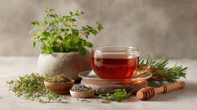 Benefits of Essiac tea. Essiac tea with fresh herbs on a neutral background, ideal for holistic health and wellness imagery.
