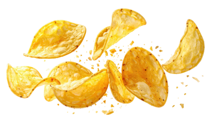 Close-up of seasoned potato crisps, arranged dynamically against a clean black background