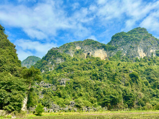 Obraz premium Beautiful vertical limestone cliffs under the blue sky at the famous Ninh Binh tourism destination area. A close-up of the beauty of vertical limestone cliffs with natural hollows and rich vegetation