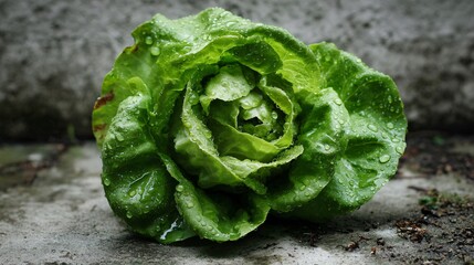 Lettuce head photographed upright on concrete slab, soil traces and water droplets present