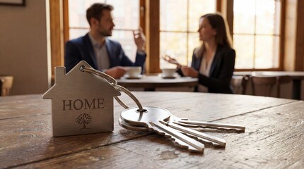 Cozy meeting in cafe with keys and home symbol. Warm atmosphere inspires confidence and collaboration. Professional people discuss real estate opportunities and home ideas.