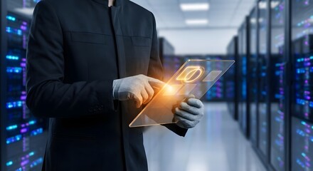 Person interacting with digital interface in a brightly lit server room representing data technology and network security.