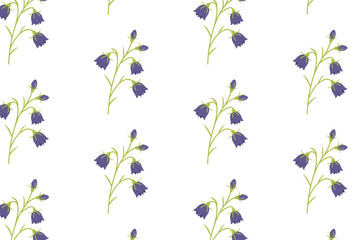 Spring bellflower seamless pattern, swatch available in swatches panel, with purple campanula blossoms and green stems on white background