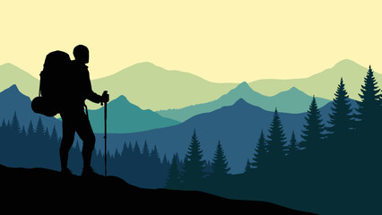 Silhouette of a hiker with backpack and trekking pole on mountain ridge at sunset.