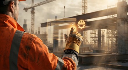 Construction worker using digital interface to review building plans on a bright and sunny day.