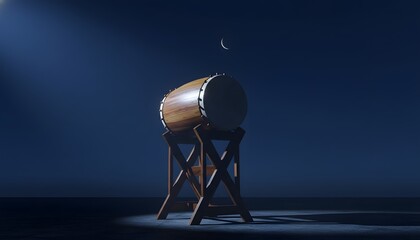A majestic bedug drum on a high stand at night, illuminated by a spotlight with a thin crescent moon in the dark sky.