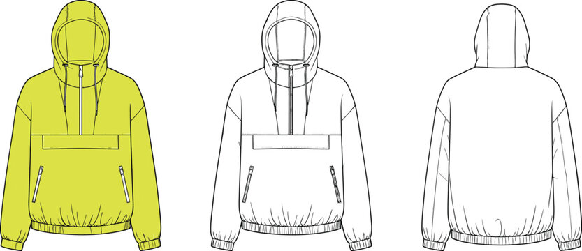 Hooded pullover windbreaker jacket fashion flat sketch with zipper pockets and elastic hem, front and back technical clothing template
