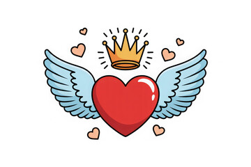 Vector romantic love sticker. Winged heart with a crown. King or queen of my heart concept. Cute cartoon doodle style. Flat illustration for valentine's day, patch or print. 