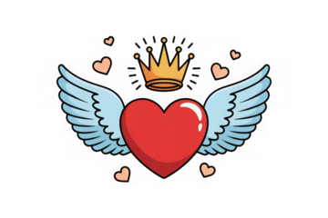 Vector romantic love sticker. Winged heart with a crown. King or queen of my heart concept. Cute cartoon doodle style. Flat illustration for valentine's day, patch or print. 