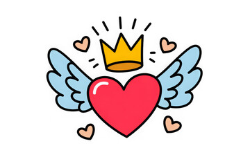 Vector romantic love sticker. Winged heart with a crown. King or queen of my heart concept. Cute cartoon doodle style. Flat illustration for valentine's day, patch or print. 