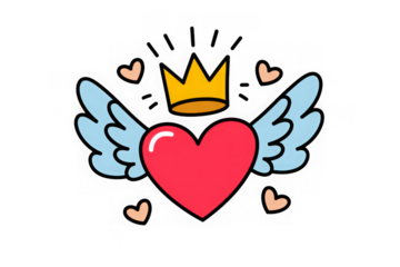 Vector romantic love sticker. Winged heart with a crown. King or queen of my heart concept. Cute cartoon doodle style. Flat illustration for valentine's day, patch or print. 