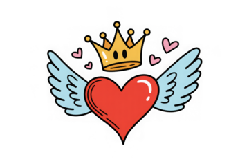 Vector romantic love sticker. Winged heart with a crown. King or queen of my heart concept. Cute cartoon doodle style. Flat illustration for valentine's day, patch or print. 