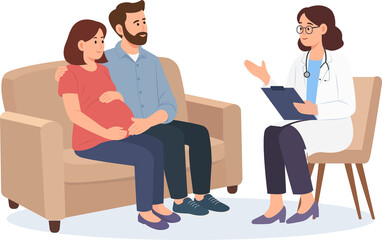 Fototapeta premium Pregnant woman with her supportive partner during a medical consultation. A female doctor is talking to the couple and holding a clipboard, explaining health information. Flat vector illustration 