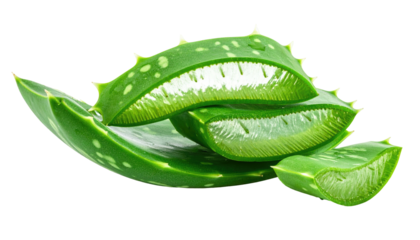 Close-up of sliced, fresh aloe vera leaves, showing translucent gel and spiky edges