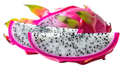 Close-up of sliced, vibrant pink and white fruit, showcasing the speckled texture
