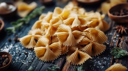 Fototapeta premium Pile of pasta with a few pieces of parsley on top. The pasta is yellow and the parsley is green