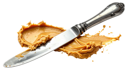 Close-up of smooth, creamy, light brown nut butter spread with a shiny metal butter knife