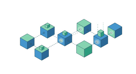 Interconnected cubes in a 3D network showcasing technology and data visualization in a modern digital landscape from an isometric viewpoint