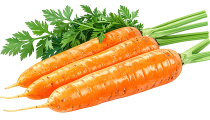 Close-up of three fresh, vibrant orange carrots with leafy green tops on a transparent background