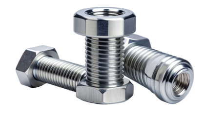 Close-up of three shiny metal bolts, showing threaded shafts, hexagonal heads, and a smooth background