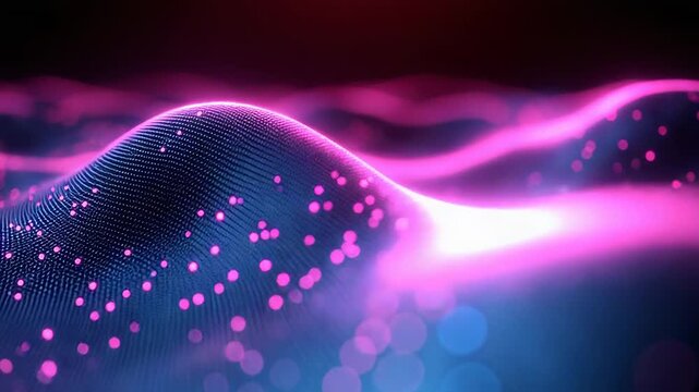 Glowing particle waves forming an abstract digital landscape, representing complex data flows, futuristic technology, and interconnected networks across a vibrant cyber background