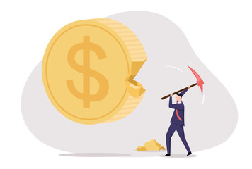 A suited worker uses a pickaxe to chip at a large dollar coin, with small gold fragments nearby&mdash;symbolizing exerting effort to gain financial rewards.