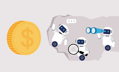 Three robots work near a rock edge beside a large dollar coin&mdash;symbolizing automated technology aiding in financial opportunity discovery.