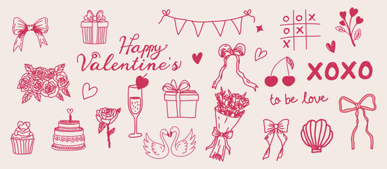 Coquette Valentines day hand drawn doodle clipart design.