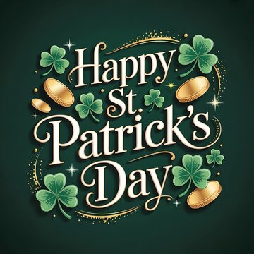 Happy st patrick s day greeting with clovers and gold coins illustration