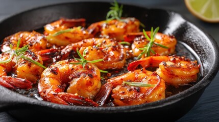 Shrimp are cooking in a black skillet with spices and herbs. A slice of lime is resting on the edge of the skillet. The setting is on a rustic wooden table.