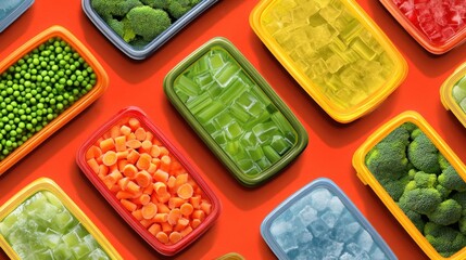 Colorful assortment of vegetables and fruits are displayed in plastic containers. The vegetables include broccoli, carrots, and celery, while the fruits include blueberries and grapes