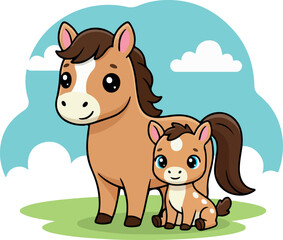 Horse and foal illustrations featuring cute farm animal family, cartoon equestrian figures, and nursery sticker
