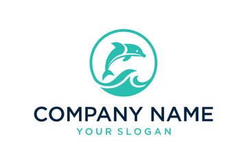 A clean and modern vector logo design showcasing a stylized dolphin leaping gracefully over a wave, elegantly enclosed within a circular frame. This vibrant graphic is perfect for branding businesses 